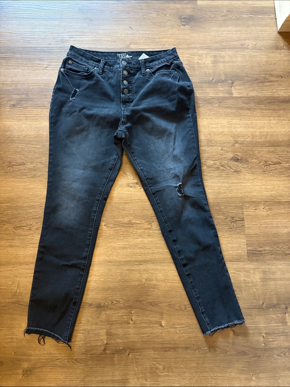 Time and Tru Black Distressed High-Rise Skinny Jeans with Button-Fly